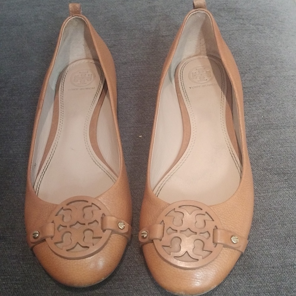 Tory Burch Tan Leather Logo Ballet Flats